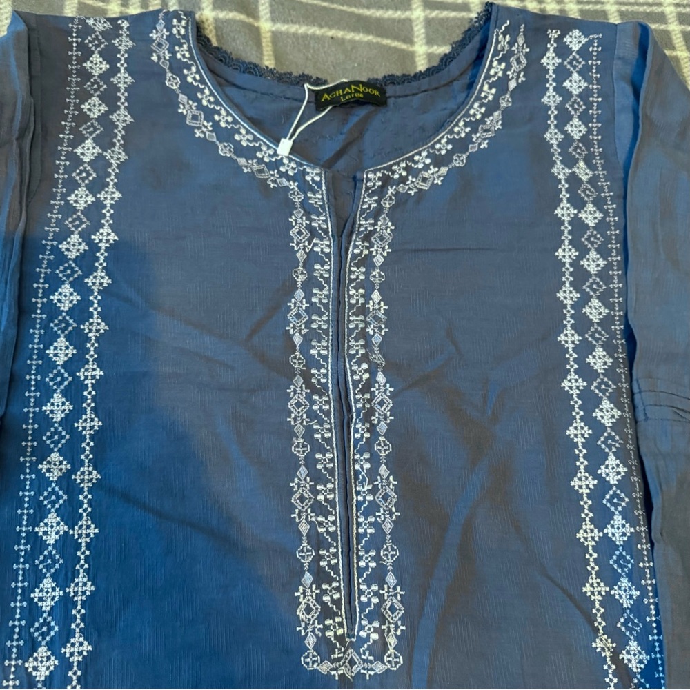 Agha Noor Pakistani Kurta Blue Broshia Cotton Fully Embroidered Front Size Large - Picture 2 of 8